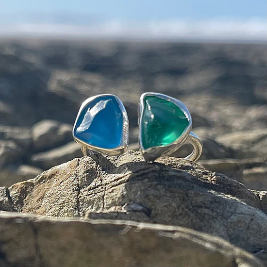 Sea Green and Aqua Sea Glass Wrap Rings by Jen Stones