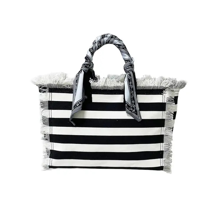 Cute Black & White Cotton Stripe Midsize Tote Bag