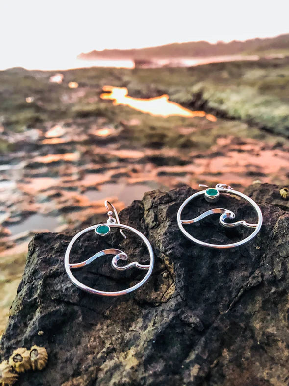 Beautiful Nosara Medium Emerald Wave Earrings, designed by Jen Stones