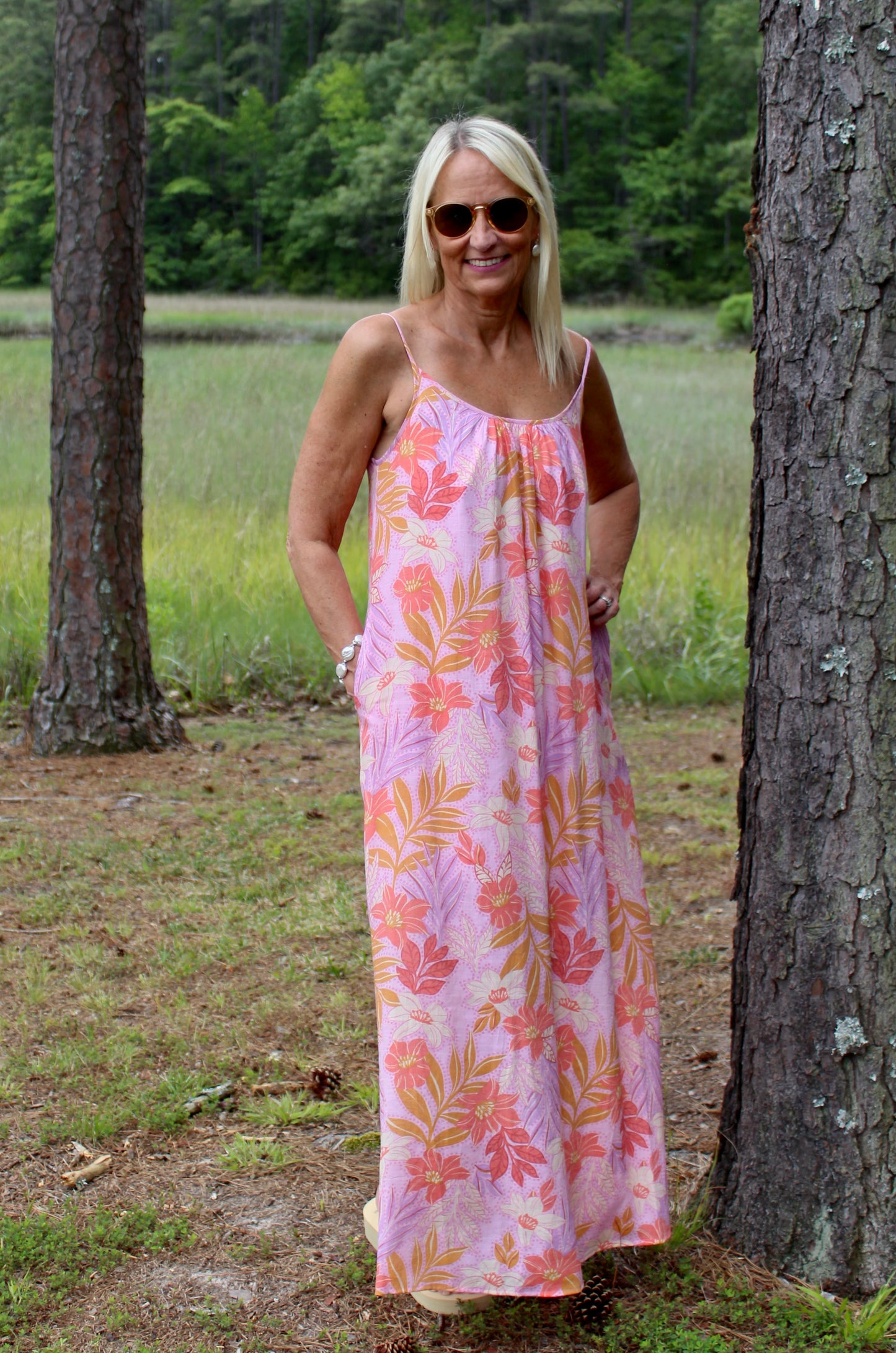 Tropical Pink Print Cami Maxi Dress
