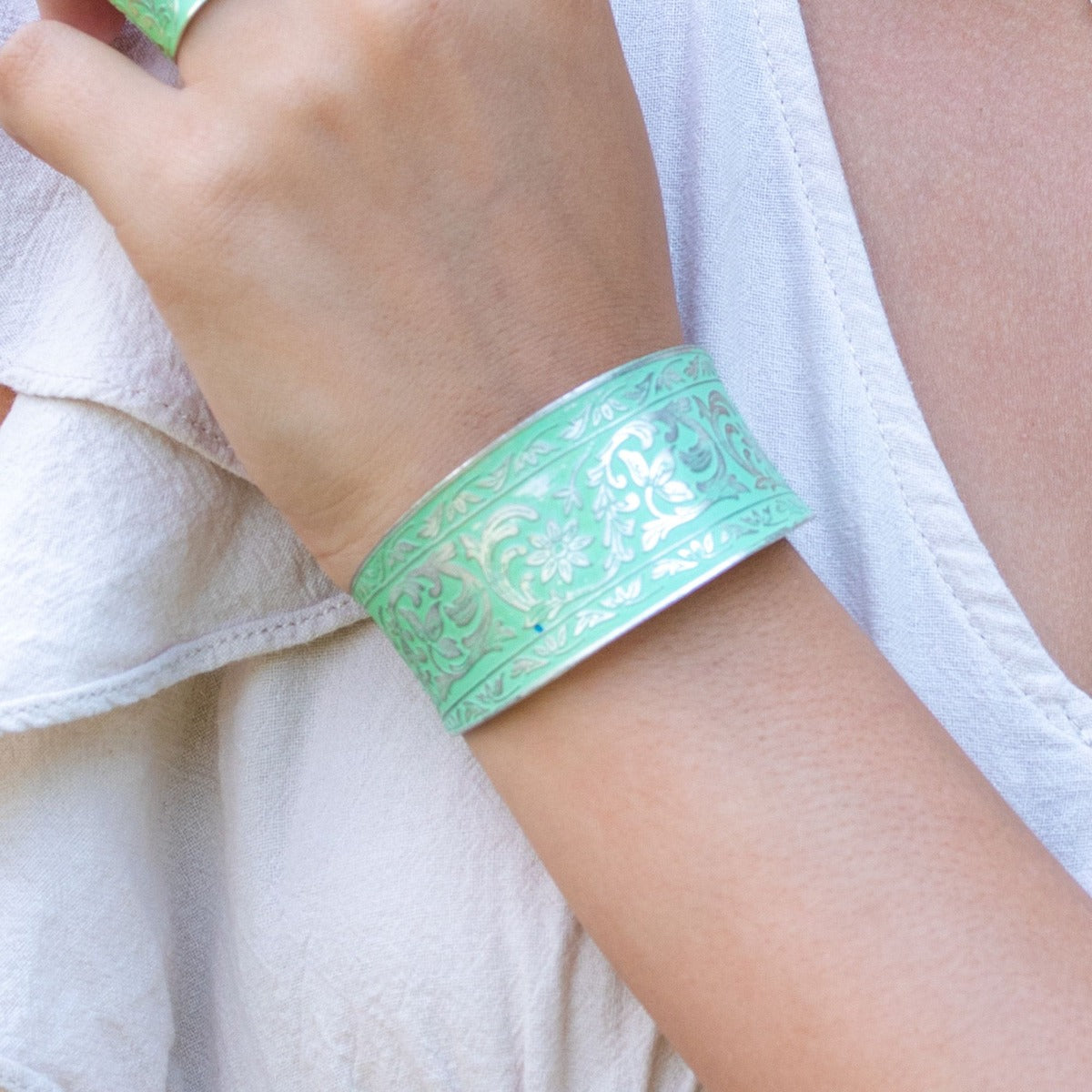 Mint Flowers and Leaves Silver Patina Cuff Bracelet