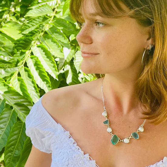 Aqua Sea Glass & Pearl Linked Necklace, designed by Jen Stones