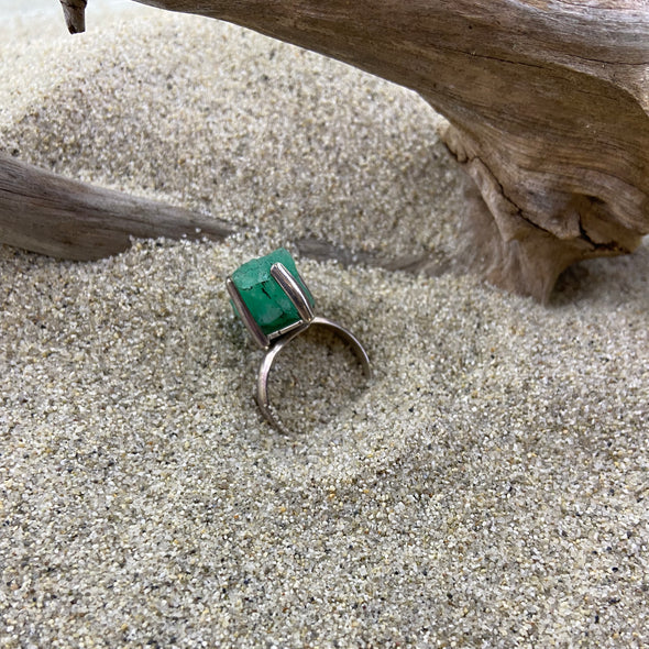 Raw Emerald with Petite Sterling Silver Pronged Ring Setting, designed by Jen Stones