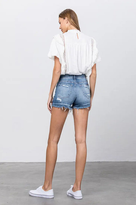 Mid Rise Stretch Frayed Hem Button Fly Distressed Shorts