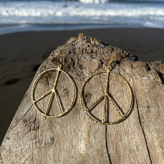 Hammered Peace Sign Hoop Dangle Gold Plated Earrings by Jen Stones
