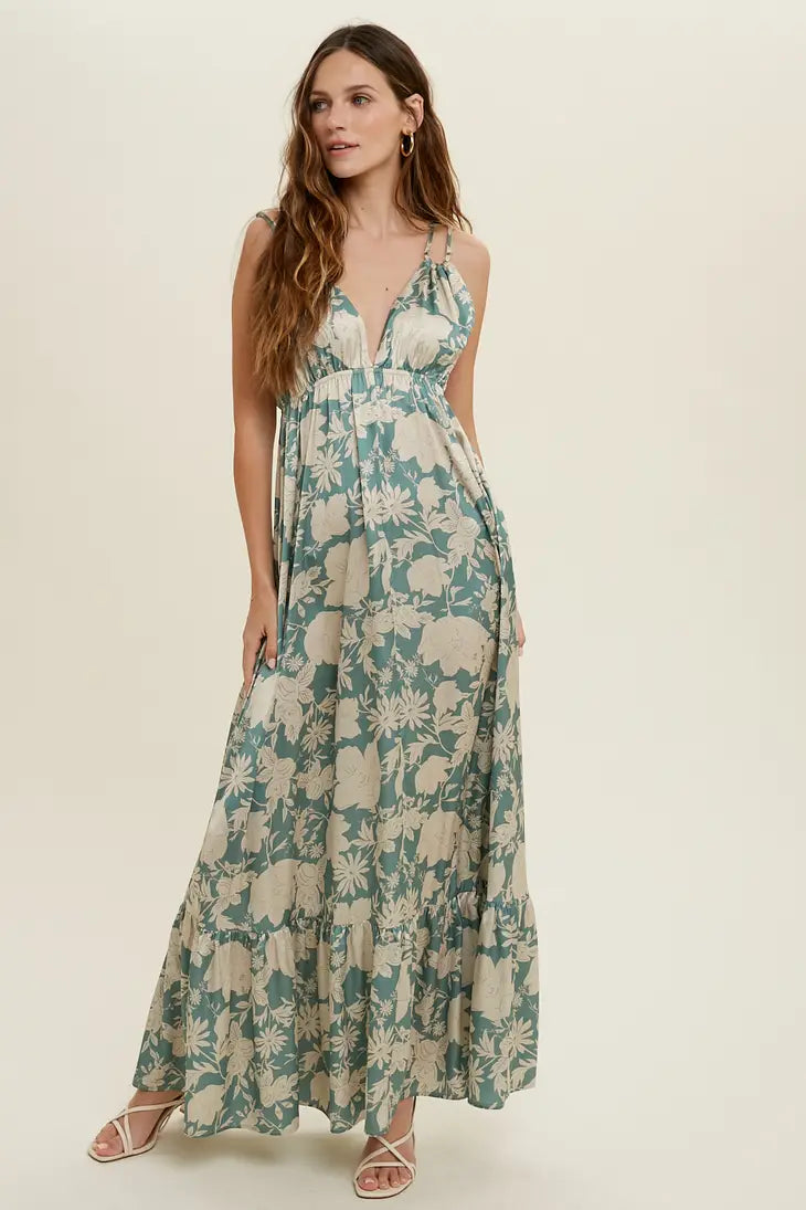 FLORAL SATIN GREEN & CREAM MAXI DRESS WITH DOUBLE STRAPS