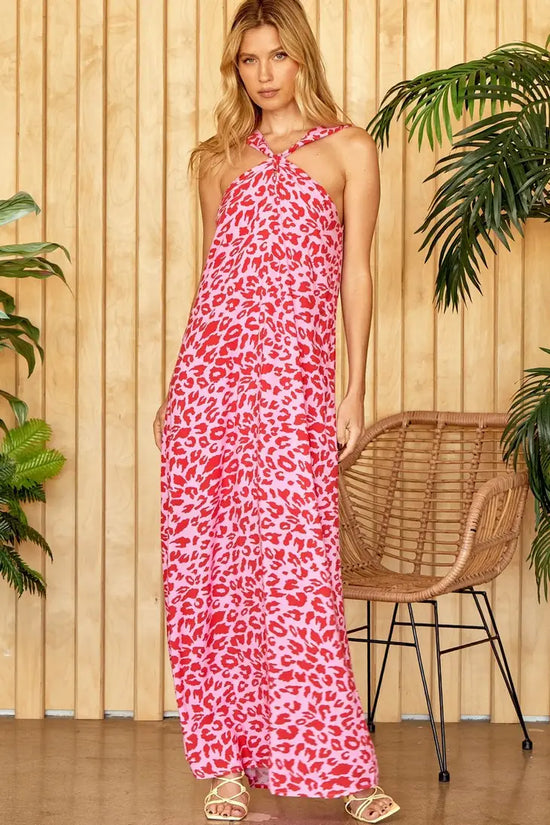 Hot Pink & Red Leopard Print Maxi Dress