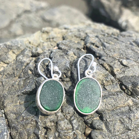 Oval Green Sea Glass Earrings by Jen Stones