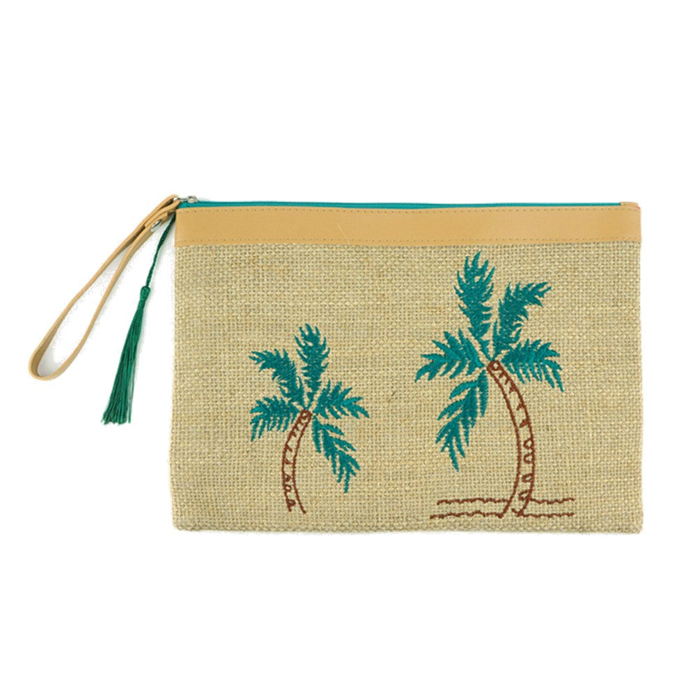 Embroidered Palm Tree Wristlet Jute Pouch