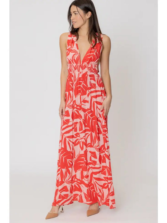 Blush Red Deep V-Neck Sleeveless Maxi Dress