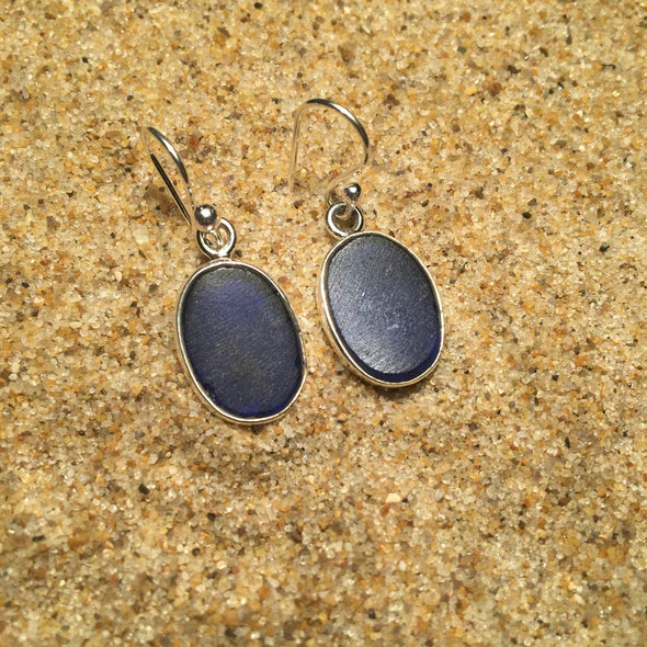 Cobalt Blue Sea Glass Oval Dangle Earrings by Jen Stones