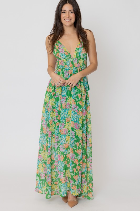 Green Multi-Color Sleeveless Floral Print Maxi Dress