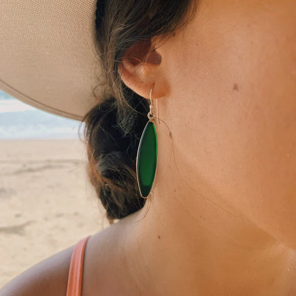 Surf Board Earrings Green Sea Glass by Jen Stones