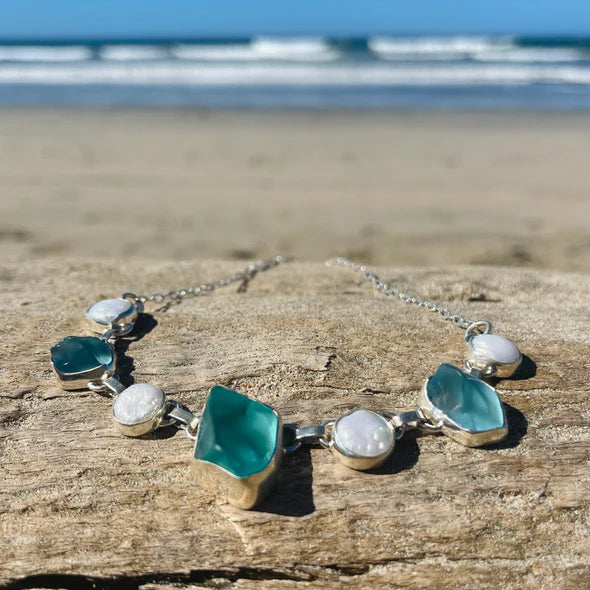 Aqua Sea Glass & Pearl Linked Necklace, designed by Jen Stones