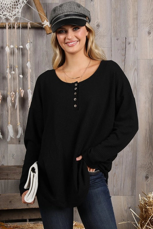 Load image into Gallery viewer, Placket Long Sleeve Waffle Top - Black
