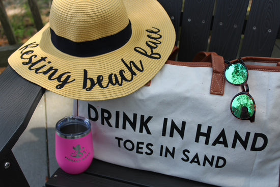 Large Cotton Tote Bag - Drink in Hand Toes in Sand