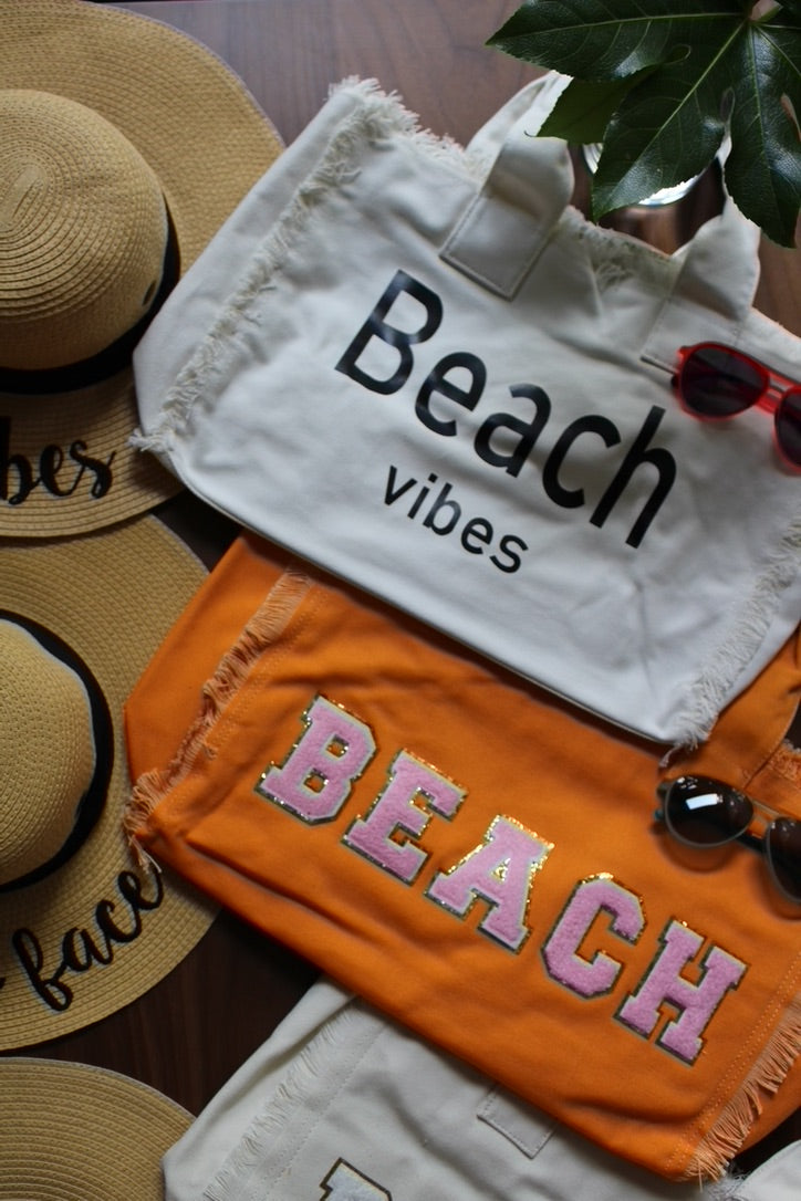 Beach Vibes Large Canvas Tote - White