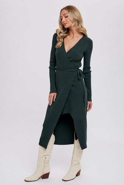 BluIvy Hunter Green Ribbed Wrap Sweater Dress