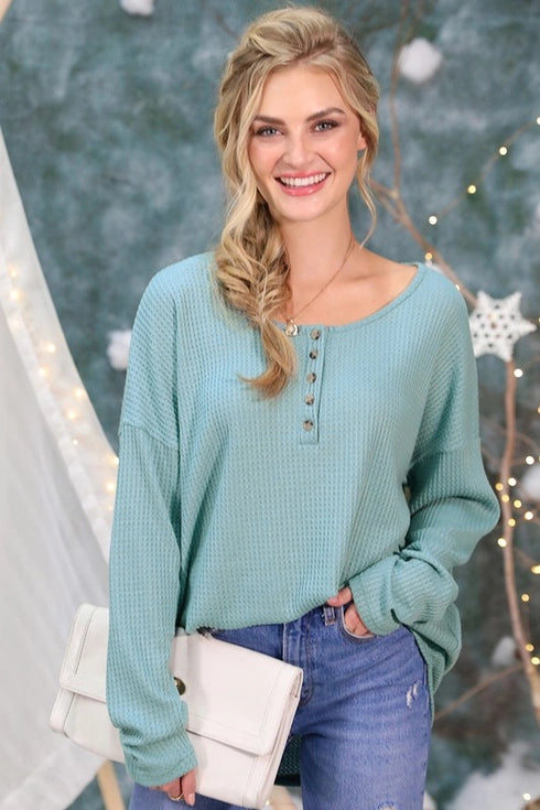 Load image into Gallery viewer, Placket Long Sleeve Waffle Top - Mint
