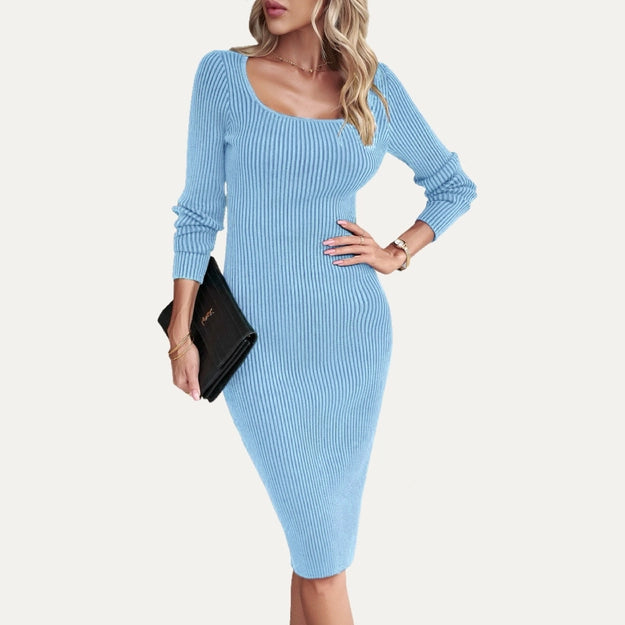 Classic Light Blue Solid Ribbed Knit Long Sleeve Sweater Bodycon Dress