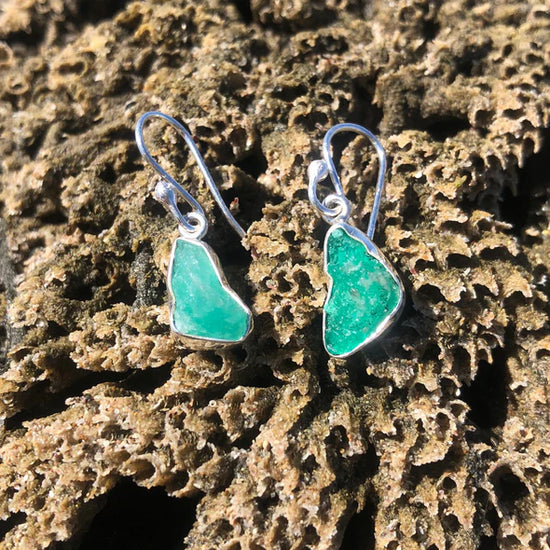 Petite Raw Emerald Dangle Earrings, designed by Jen Stones