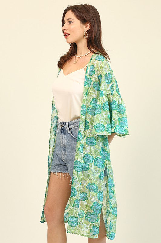 Green Floral Jacquard and Side Slit Kimono Cardigan