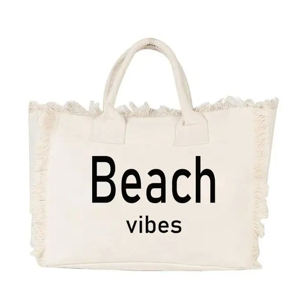 Beach Vibes Large Canvas Tote - White