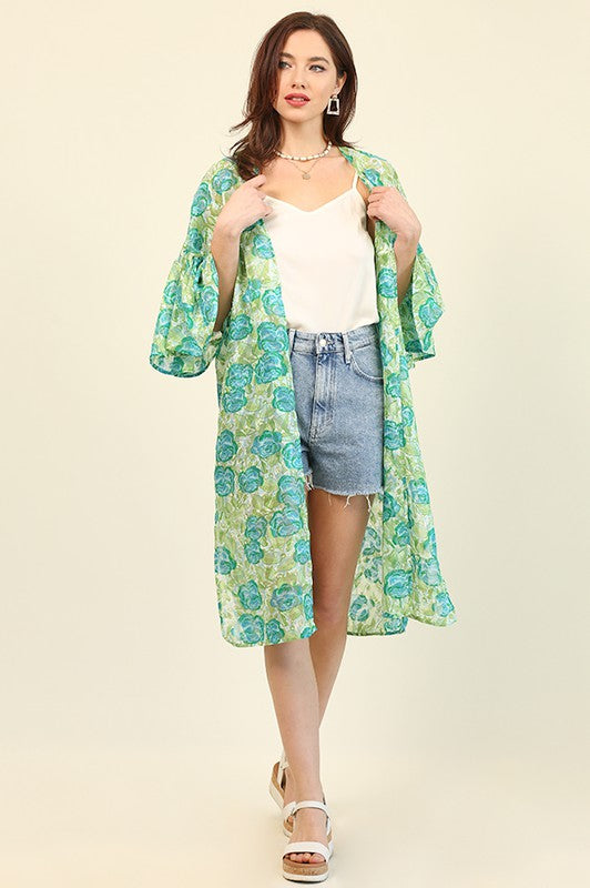 Green Floral Jacquard and Side Slit Kimono Cardigan