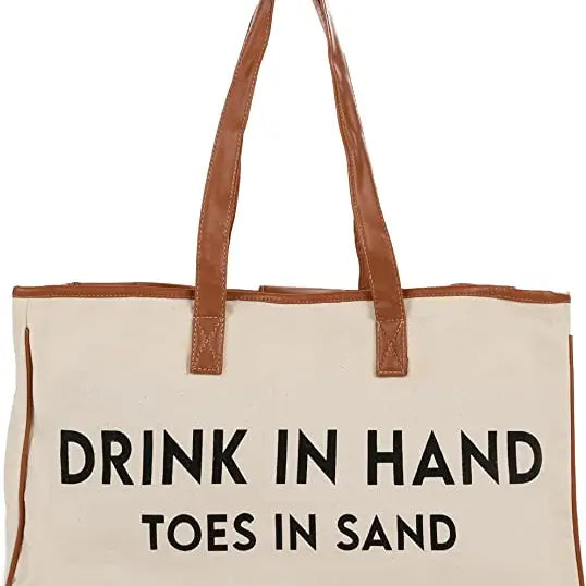 Large Cotton Tote Bag - Drink in Hand Toes in Sand
